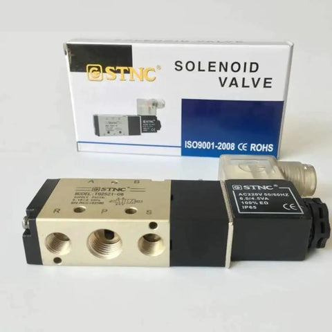 Front view of One Quarter Inch Two Position Five Port STNC Air Solenoid Valves TG2521 08 with packaging, for 12V 24V 110V 220V AC power.