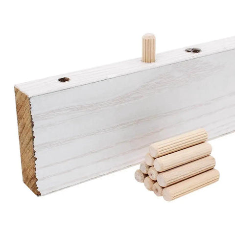 100 Pack Three Eighths Inch Wood Dowel Pins With Straight Grooves For Rock Solid Furniture Joints Doors And Cabinets Beveled Ends For Easy Insertion Hardwood Dowels For Imperial Drills And Dowel Jig Projects, shown with one dowel inserted into wood and stack of dowels beside