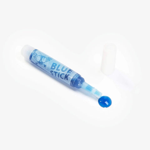 Open blue applicator pen discharging fluid with a cap on the side, part of the All In One Knife Care Kit For EDC Enthusiasts With Knife Lube Threadlocker PickPuck Tool PVC Pouch And Handy Work Mat Pouch For Easy Maintenance And Disassembly Plus Pro Grade Knife Care On The Go.