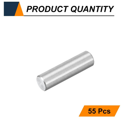Close-up of a single silver dowel pin, M4 x 14mm, from a set of 55 Pieces Dowel Pins M4 X 14mm 304 Stainless Steel Cylindrical Shelf Support Pegs For Metal Wood Furniture DIY Projects Fasten Elements Silver Easy Install, showing cylindrical shape and stainless steel material.