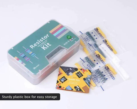ELEGOO resistor kit with 525 pieces (17 values), 0Ω–1MΩ, stored in a sturdy plastic box; front view