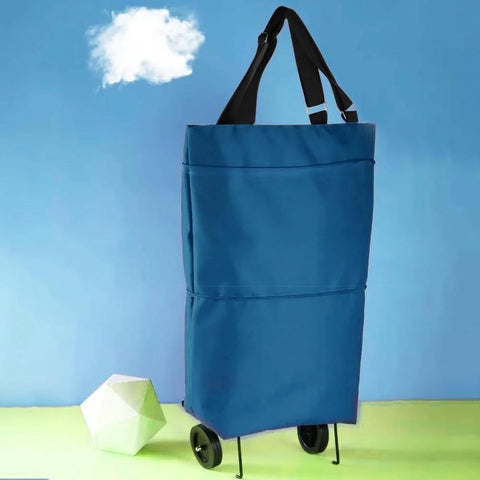 Collapsible Shopping Cart With 360 Degree Swivel Wheels, lake blue, with tote handle, ideal for groceries and travel use.