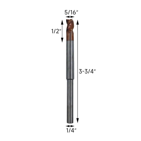 Two Piece Quarter Inch Reduced Shank Router End Mill Set Featuring Five Sixteenth Inch Cutting Diameter, Thirty Seven Degree Helix, Solid Carbide, Three Flute, ZRN Coated Bits For Aluminum And Non Ferrous Materials, High Velocity Milling.