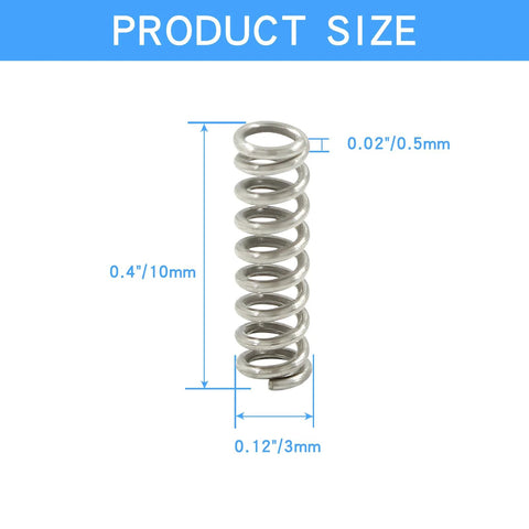 Stainless steel compression spring, 3mm OD, 0.5mm wire, 10mm free length, silver, front view