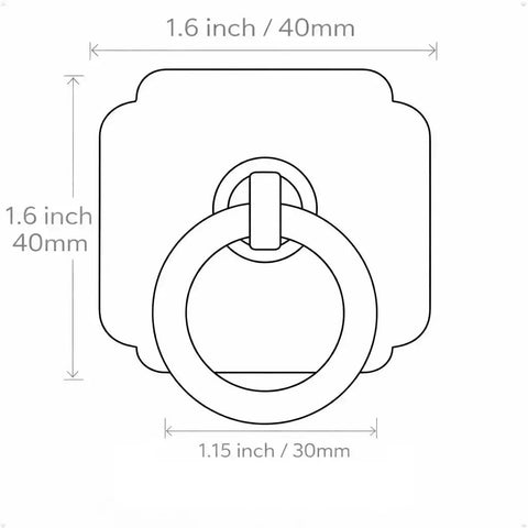 Diagram of Four Pack Satin White Cabinet And Bifold Ring Pull Handles With One And Three Fifths Inch Backplate dimensions.