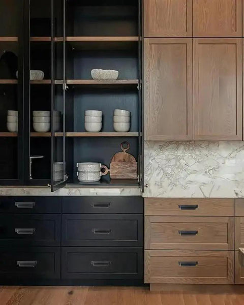10 Pack 3 Inch Center To Center Matte Black Cabinet Cup Pulls For Drawers And Cabinets installed on wood kitchen cabinetry.
