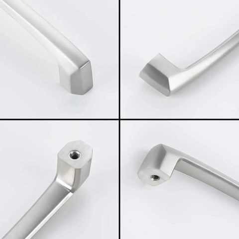 Close-up images of 10 Pack Brushed Nickel Cabinet Pulls 5 Inch 128mm Long Kitchen Handles, showcasing the smooth brushed finish and mounting detail.