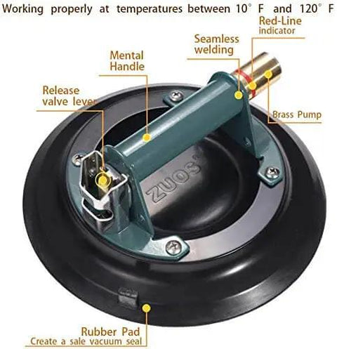 10 Inch Vacuum Suction Cup Lifter For Granite And Glass With Metal Handle And Brass Pump, Heavy Duty Glass Lifter Up To 760 Lb Load Capacity