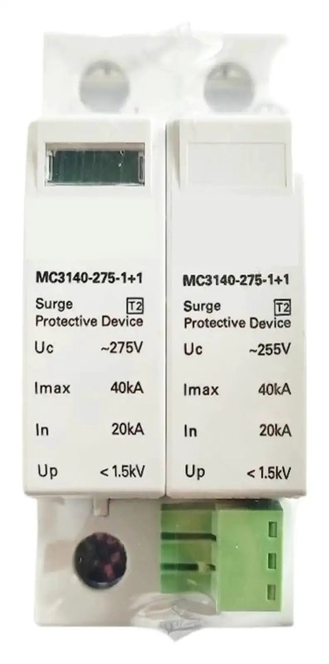 275V Type 2 Industrial Surge Protector for DIN Rail installation showing front view and specifications.