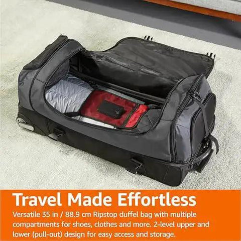 Open view of Massive 35 Inch Rolling Duffle With Wheels And Telescoping Handle For Easy Travel, showing two layer storage system.
