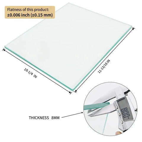 Large Flat Glass Plate For Scary Sharp Sharpening System With Anti Slip Mat Ten And One Quarter Inch Wide Eleven And Thirteen Sixteenth Inches Long Eight Millimeter Thick Durable Float Glass Surface For Knife And Tool Sharpening Scottchen, shown with precise thickness measurement.