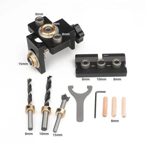 3 In 1 Doweling Jig Drill Kit With Adjustable Guide For Woodworking Pocket Holes And Embedded Nuts Bolts And Eccentric Nuts Includes 8mm 10mm And 15mm Bits For Quick Accurate Dowel Joins And Easy Setup Pro Grade Quality displayed with drill bits and accessories