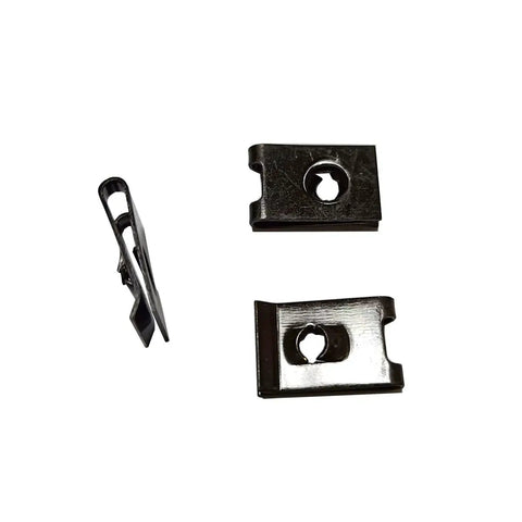 10 Screw Size U Style Clip On Nut Set For Edge Panel Mounting In Black Galvanized Spring Steel U Type Fasteners 25 Pcs Compatible With Tapping Screws And Thick Panels For Durable Secure Installations, showing side and front view of nuts.