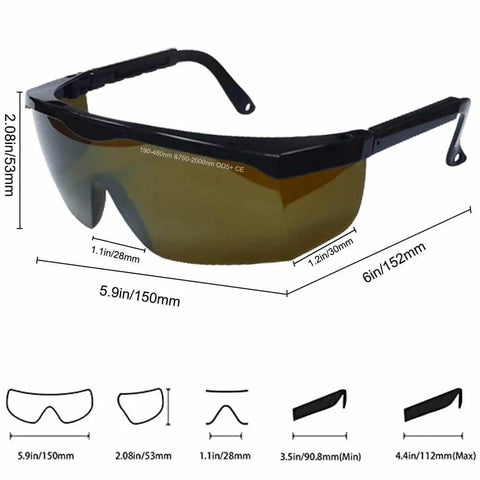 All Day Comfort Broad Spectrum Laser Safety Glasses Eye Protection OD 5 Plus with adjustable temples, side view dimensions