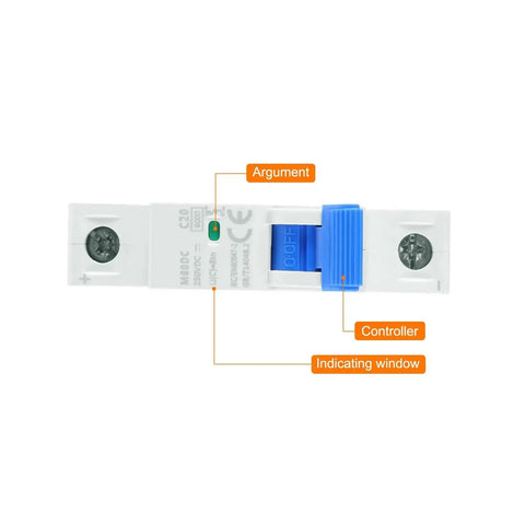 1 Pole Miniature Circuit Breaker 20A DC 250V DIN Rail Mount Disconnect Switch With Thermal Magnetic Trip, front view