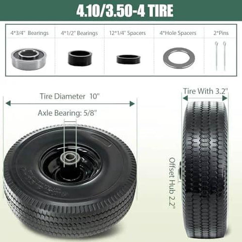 Flat Free 4.10/3.50-4 Tire And Wheel Set, Heavy Duty, 10 Inch Solid Wheel With 2.2 Inch Offset Hub, 5/8 Inch Axle Bore, Black