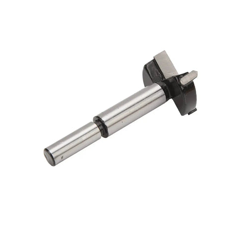 Close-up of cutter from 35mm Hinge Boring Jig for Woodworking, Pro Grade Precision Drill Guide Locator With Cutter and One Sixteenth Inch Drill Bit.