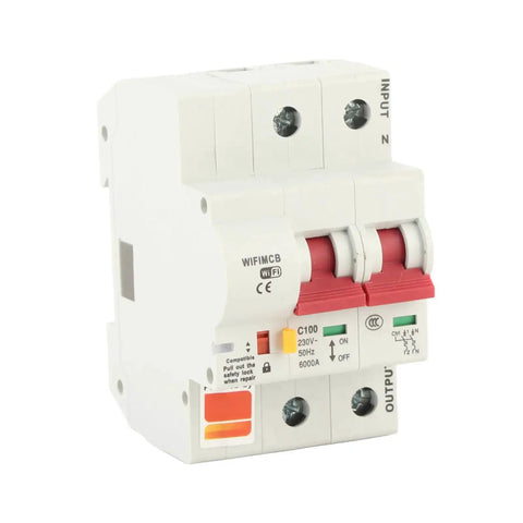 Smart Circuit Breaker 2P 100A AC220V With Built In Antenna And Flame Retardant Shell App Remote Control Easy Home Panel Upgrade Compact Miniature Breaker For Diy Wiring And Fast Remote Switching front view