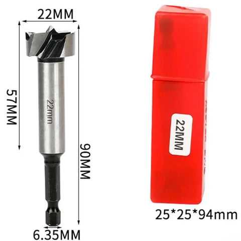 8mm to 25mm Hinge Boring Drill Bit for Woodworking and Plywood, High Carbon Steel Hole Cutter, shown with red case and measurements
