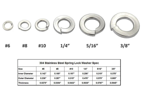 DGOL 3/8 in 304 stainless steel spring lock washers, split lock rings, set of six sizes (#6, #8, #10, 1/4, 5/16, 3/8)