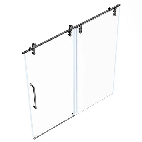 60 Inch Wide Frameless Sliding Shower Door With Sealing Strips And Waterproof Handle 5/16 Inch 8mm Clear Tempered Glass Black Stainless Steel Hardware 76 Inch High Reversible Left Or Right Opening
