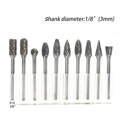 10 Piece Double Cut Carbide Burr Set For Die Grinder And Rotary Tools By YUFUTOL Pro Grade 3mm Shank displayed in a protective case