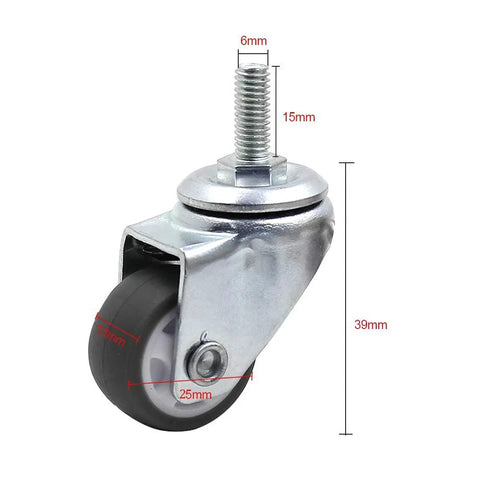 Close-up of 1 inch swivel stem caster wheel with M6 x 15mm threaded stem, designed for durability, showing dimensions and metal frame.