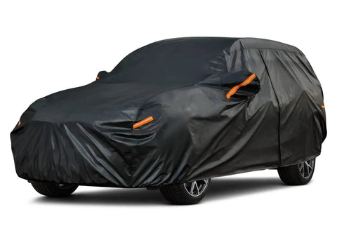All Weather Heavy Duty SUV Car Cover With Zipper For Outdoor Snow Sun UV Waterproof Exterior Protection Universal Fit For SUVs And Jeeps Up To 181 Inches Kayme installed on a black SUV.