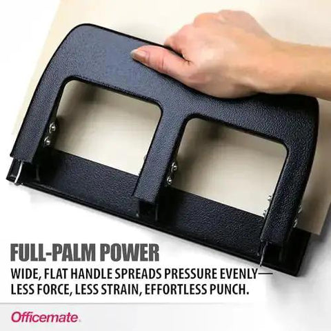 3 Hole Punch for Home Office, Medium Duty, 30 Sheet Capacity, ergonomic soft grip handles, demonstrating punch action