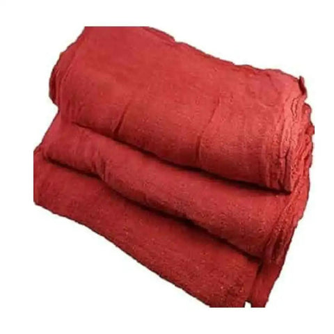 Heavy Duty White And Red Shop Towels 50 Pack Workhorse Reusable Cotton Rags, shown folded, for garage auto shop cleaning, lint-free.