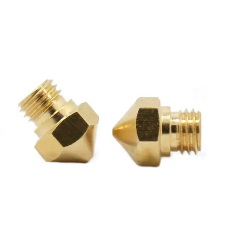 Two Pack MK10 M7 Extruder Nozzles 0.4mm With Two PTFE Tubes 71mm Long 2mm ID 4mm OD Replacement Kit For 1.75mm Filament 3D Printers Up To 260 To 280 Degrees Compatible With Various Desktop Machines, close-up view of two brass extruder nozzles.