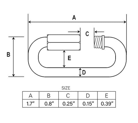 Diagram of 1.7 Inch Stainless Steel Carabiner And 304 Grade Chain Quick Links Set, 10 Pack with detailed measurements.