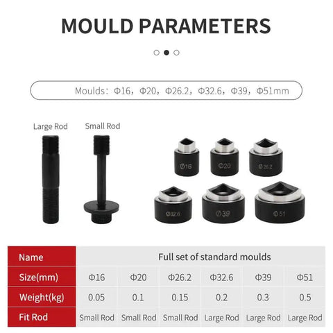 Mould parameter chart of Knockout Hole Punch Driver Kit With 6 Dies, 10 Ton Hydraulic Power, showing dies and rods sizes.