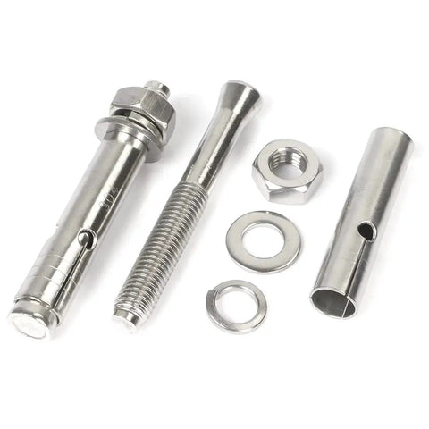 Hex Head Sleeve Anchor M6 X 60mm in 304 Stainless Steel for Pad Eye Plate Ceiling Hooks and Hanging Hardware Expansion Bolt One Quarter Inch, set of four shown disassembled.