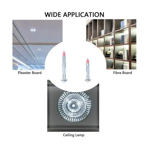 Zinc Plated Steel Hollow Wall Anchor Screws Kit For Drywall 40 Pcs Molly Bolts Fasteners Set with installation examples on board and lamp.