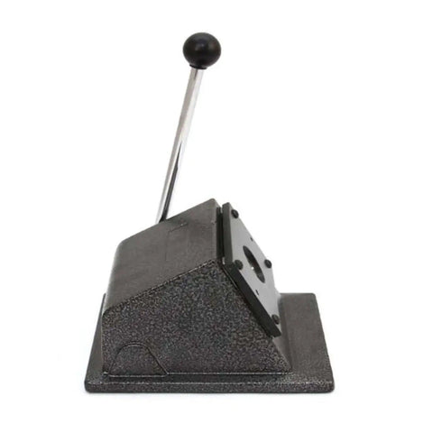 Side view of all in one circle punch die cutter for paper and PVC cards with steel blade and composite frame.
