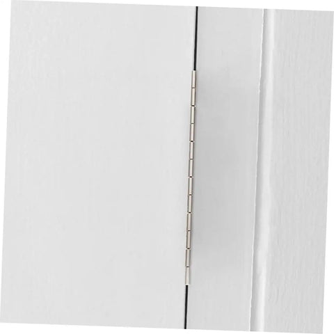 Heavy Duty Piano Hinge Set OUNONA 30 Piece installed on white wooden cabinet door, showing side view of hinge.