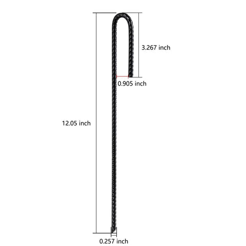 Extra Heavy Duty UJ Hook Rebar Ground Anchors Twelve Inch Long By One Quarter Inch Diameter Rust Proof Coated Steel For Garden Tent And Trampoline Fifty Pieces J Hook For Outdoor Use To Secure Tents Canopies Play Equipment In Wind, front view showing size dimensions.