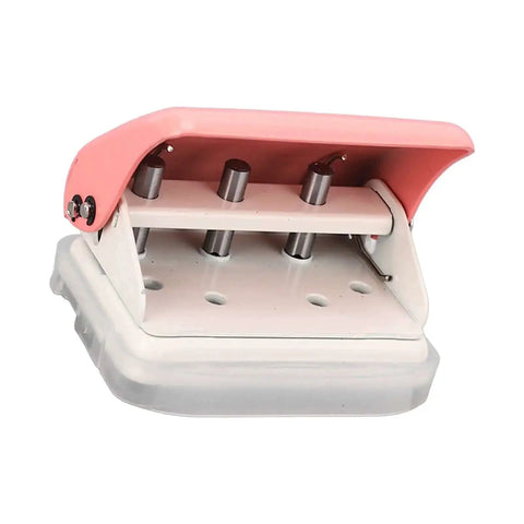 Underside view of Pink 3 Hole Punch Handheld Paper Puncher with 5 sheet capacity and metal baked finish, showing punching mechanism.