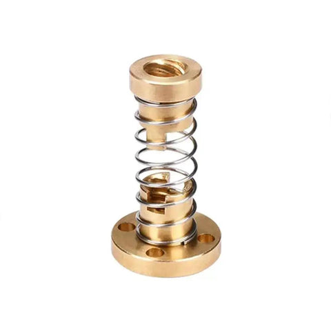Anti Backlash Nut For 8mm Acme Lead Screws 2mm Pitch T8 Style, brass and stainless steel spring-loaded component for CNC and 3D printers.