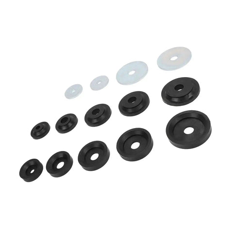 Sheet Metal Dimple Die Set For Harbor Hydraulic Punch Driver with flared hole dies and steel backing plates; diverse sizes shown.
