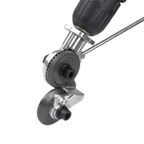 Electric Drill Plate Cutter And Double Headed Shear Drill Attachment For Metal Nibbling, Pro Grade Accessory, side view close-up