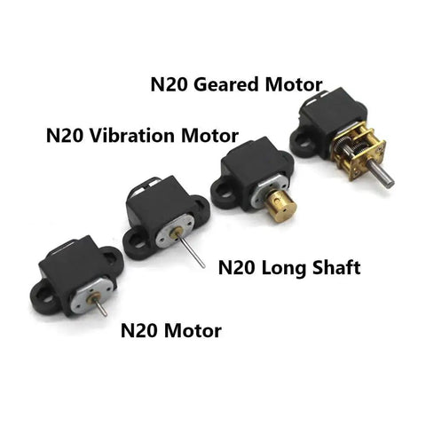 Four N20 motors labeled with different types including geared, vibration, long shaft, and standard versions, shown in black.