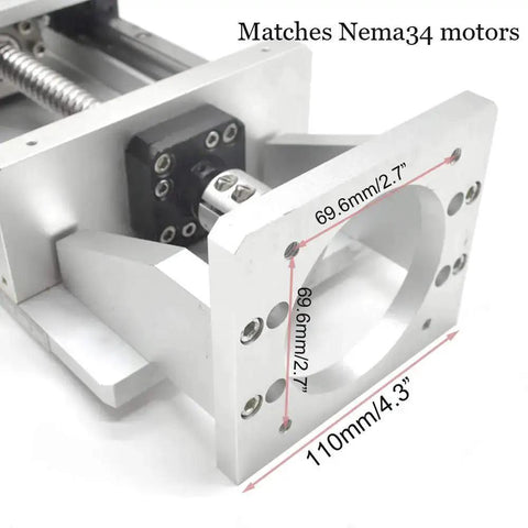 Close-up of Beefy Heavy Duty Sliding Table Travel Kit with motor bracket for Nema 34, visible rail guides, and ball screw.