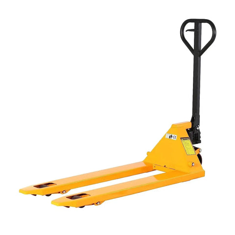 Yellow manual pallet jack with black handle used in warehouses, not showing Replacement Pallet Jack Wheel Set 7x2 Inch Red Polyurethane Rollers Pair For Manual Pallet Trucks With 6204 Bearings 20mm ID 47mm OD Two Inch Hub Length.
