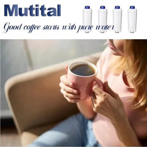 Mutital water filter cartridges four-pack (white with blue caps) with Mutital logo; person sipping coffee from a pink mug
