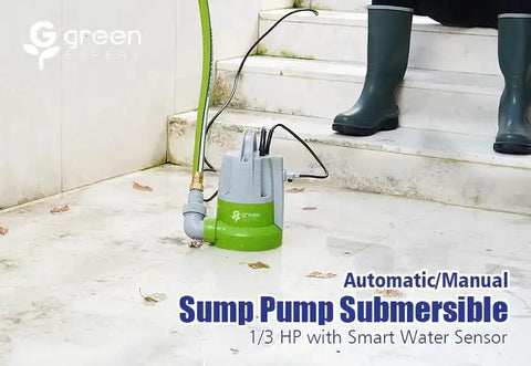 One Third HP Submersible Sump Pump With Flow Sensor Switch For Flooded Basements And Outdoor Spots shown on wet floor