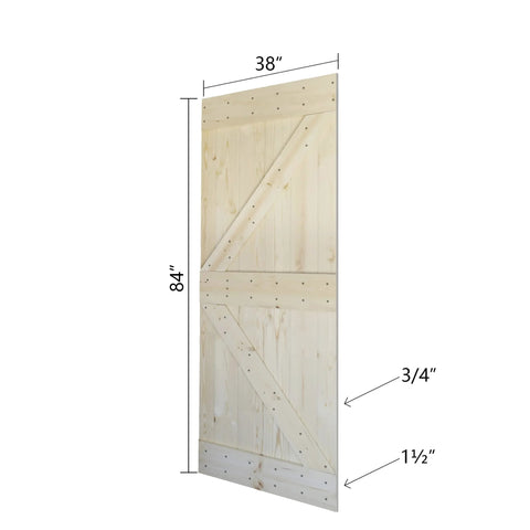 Side view of unfinished solid wood double sliding barn door kit panel, 84 inches high, DIY ready, showing wood thickness and dimensions.