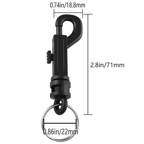 Black Eight Pack Plastic Clasp Swivel Snap Keychain Clips With 360 Degree Rotation, shown with measurements of 2.8in by 0.74in.