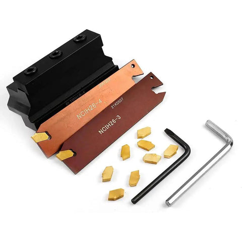 Pro Grade Three Quarters Inch Self Lock Block Tool Holder Set With Adjustable Blade NCIH26 3 And NCIH26 4 Plus Tin Coated GTN 3 And GTN 4 Carbide Inserts For Parting Grooving And Cut Off Jobs SLTBN19 5 Oscarbide components displayed on a white background.